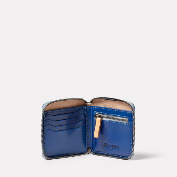 Axel Leather Zip Round Wallet in Blue | Ally Capellino